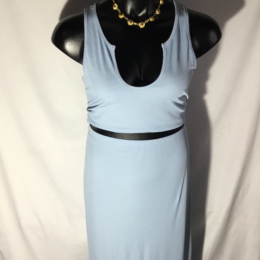 Two Piece Sett Powder Blue Scoop Neck Tank Crop Top Maxi